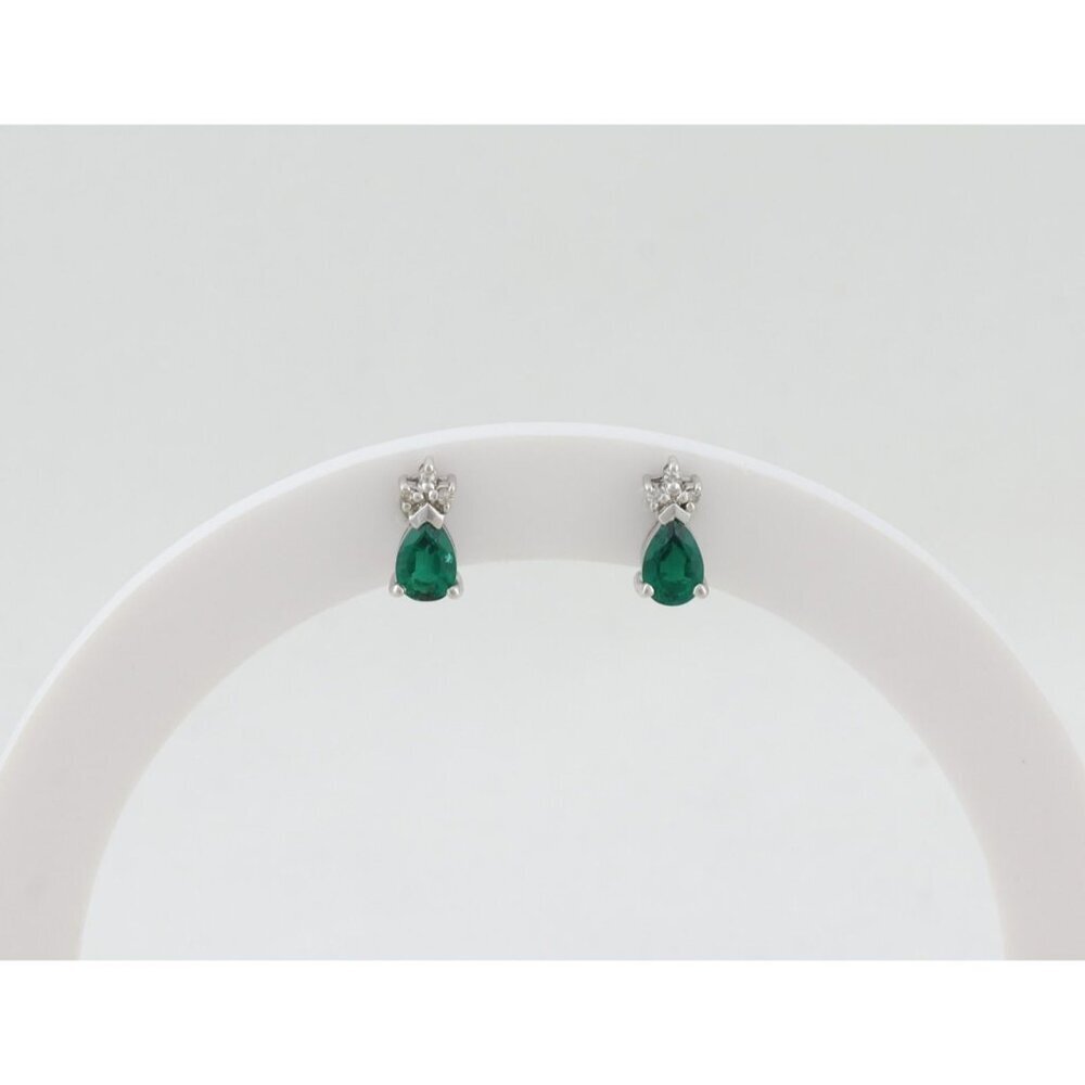 14k White Gold Lab Created Emerald & Diamond Earrings Stud Post Earrings 3/8" - Picture 3 of 9